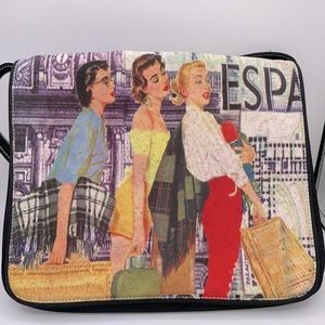 Women's Retro Mod Vintage Pictured Front Nylon Large Laptop Messenger Purse